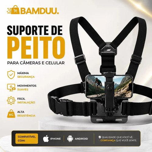 Suporte Peitoral Ajustável p/ Celular e Câmera GoPro 360° Profissional p/ Esportes