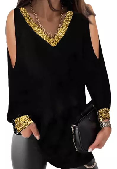 Blusa De Crepe Con Lentejuelas Cuellos V Muy Elegante Y Como