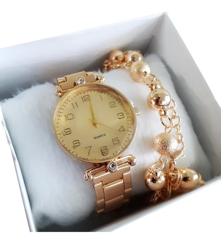 Relógio Feminino Com Pulseira Presente Barato Dourado Rose