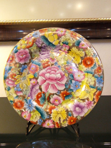 Antiguo Plato Decorativo De Porcelana China Flores Y Dorado