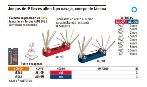 Llaves Allen Std T. Navaja Lamina 9 Pz Truper - 15566