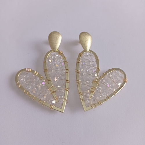 Aros Baño Oro Maxi Corazones Piedras Transparentes Tornasol