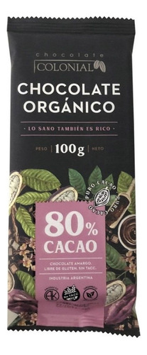 Chocolate Orgánico 80% Cacao Sin Tacc  Colonial X 100 Grs