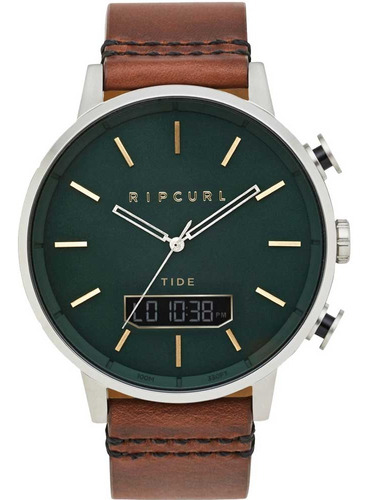 Relógio Rip Curl Masculino Detroit Tide A1155 A256 Cor da correia Marrom Cor do bisel Prateado Cor do fundo Verde-escuro