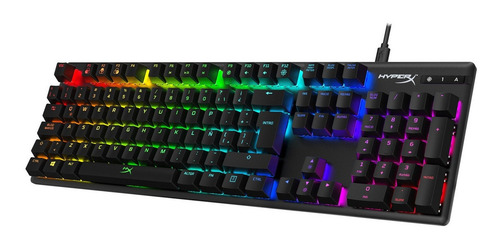 Teclado gamer HyperX Alloy Origins QWERTY Blue español latinoamérica color negro con luz RGB