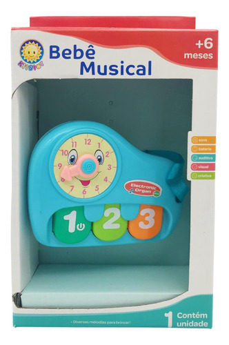 Brinquedo Bebê Musical Pianinho Com Relógio Educativo Azul