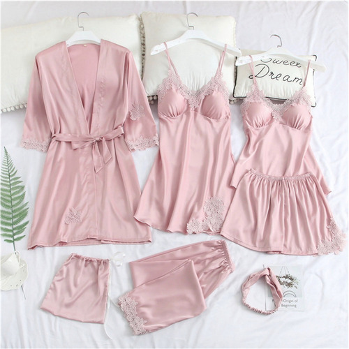 Imagen 3 de 3 de Pijama Satén 8 En 1 Pzs Conjunto Bata, Short, Pantalòn Rosa