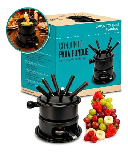 Kit De  Aparelho De Fondue Shokki Com 12 Peças Em Metal, Para Queijo, Chocolate E Carne Preto