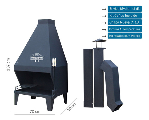 Estufa Frontal Leña Chapa 18 70x137cm Kit De Caños Incluido
