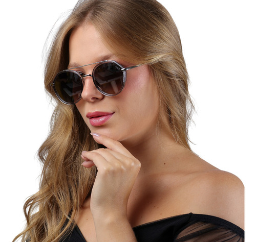 Óculos De Sol Feminino Redondo Verão Viale + Case Desenho Prata