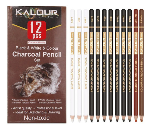 Kit 12 Lápis Kalour Carvão Colorido Charcoal Pencil