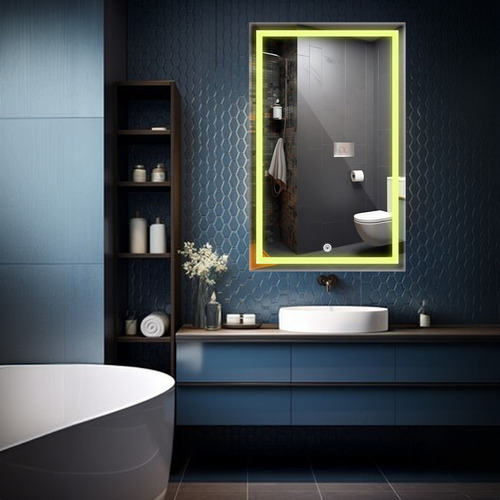 Espelho Retangular Jateado Com Led 100x90 Cm Lapidado Luxo Moldura Neutro