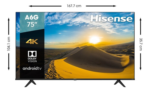 Imagen 2 de 5 de Smart Tv Hisense 4k Uhd 75 Pulgadas75a6g