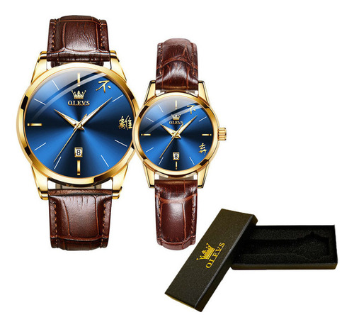 Reloj Olevs De Cuero Con Calendario Simple Para Parejas, 2 P Color Del Fondo Azul