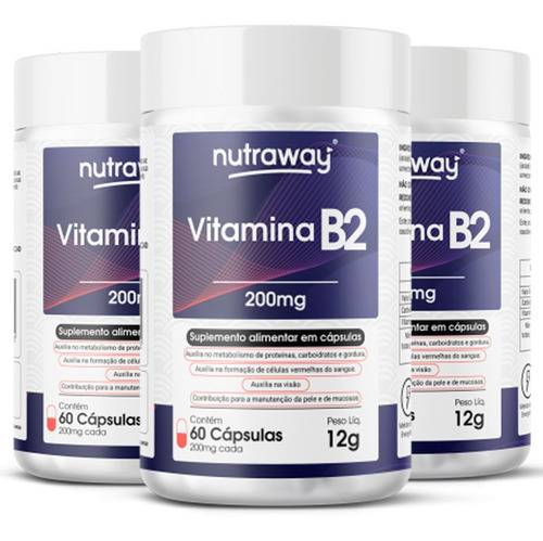 Kit 3 Vitamina B2 Nutraway 200mg 60 Cápsulas Sabor Sem Sabor