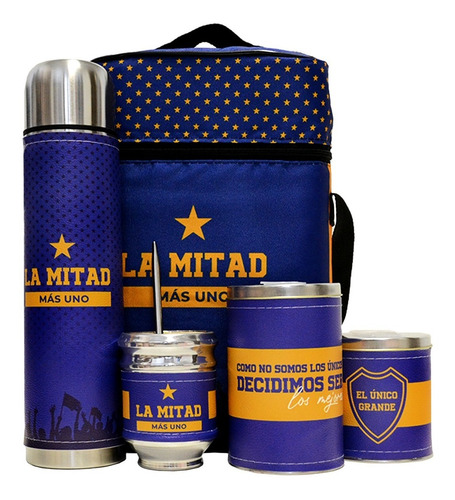 Equipo De Mate Completo Azul Y Oro Cuero Set Kit Matero 