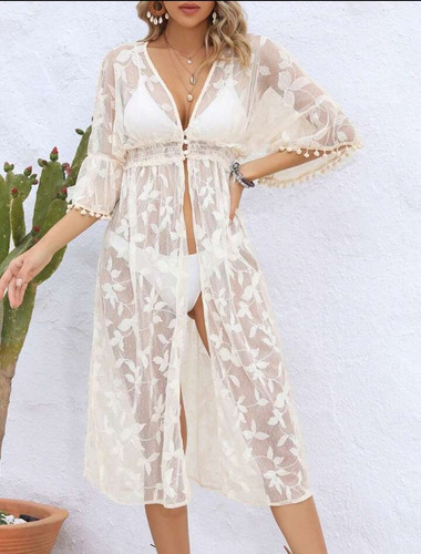 Kimono  Pom Pom De Cintura Fruncido  Cover Up Playero Mujer