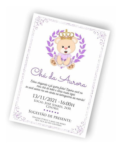 Convite Digital Chá De Bebê, Ursinha Princesa Lilás, Mod1