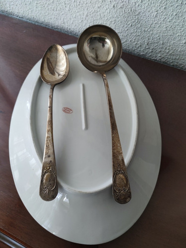 Antigüedad Bandeja De Servicio Limoges Y Cucharones Alpaca (Usado)