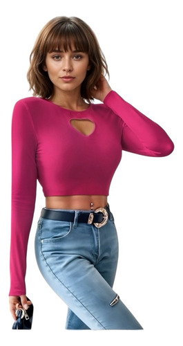 Blusa Crop Top Manga Larga Detalle De Corazon Cuello Redondo