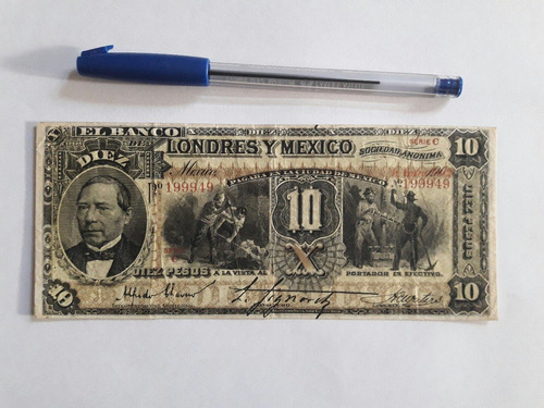 Billete Mexicano: Banco Londres Y Mexico 10 Pesos (190?)