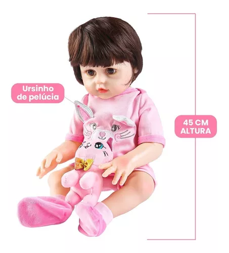 Boneca Bebê Reborn Vinil Realista com Girafinha e acessórios 45cm