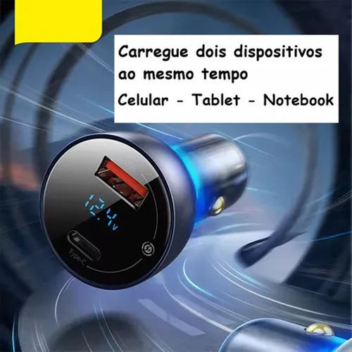 Carregador Veicular Turbo Celular Com Voltimetro E Cabo
