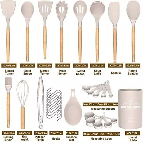  Juego de utensilios de cocina Umite de cocina, 24 piezas  antiadherentes de silicona utensilios de cocina juego de espátula con  soporte, mango de madera de silicona resistente al calor utensilios de