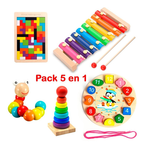 Pack 5 Juguetes Didácticos De Madera Para Niños Montessori A