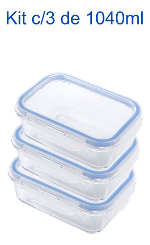 Kit 3 Potes Herméticos Marmitas Vidro 4 Travas 1040 Ml