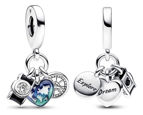 Charm Cámara Corazón Y Brújula Viajes 100% Plata 925