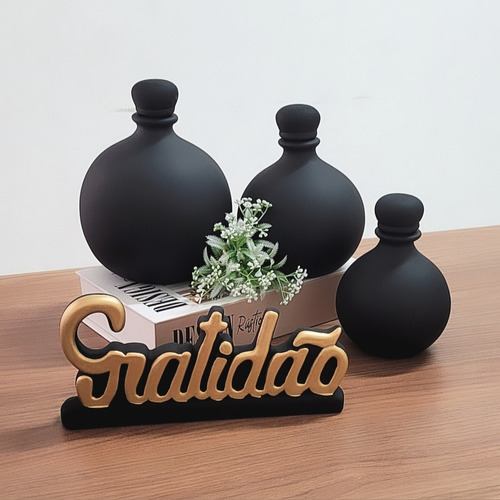 Kit Vaso Completo Para Decoração Sala 3 Peças Mesa Sala Rack Cor PRETO LISO FOSCO