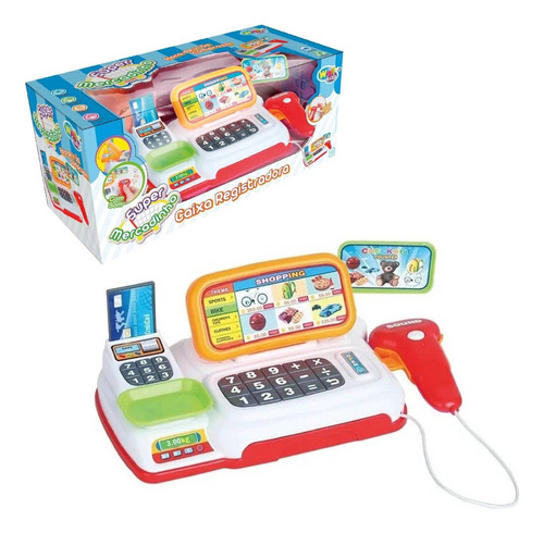 Caixa Registradora Infantil Com Som E Luz Mini Mercadinho Cor Branco com vermelho