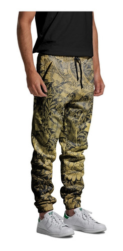 Calça Jogger Moletom Ornamento Floral Dourado Streetwear