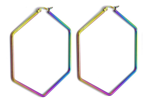 Aretes Acero Ionizado Arracada Hexagono Unicorn Arcoiris