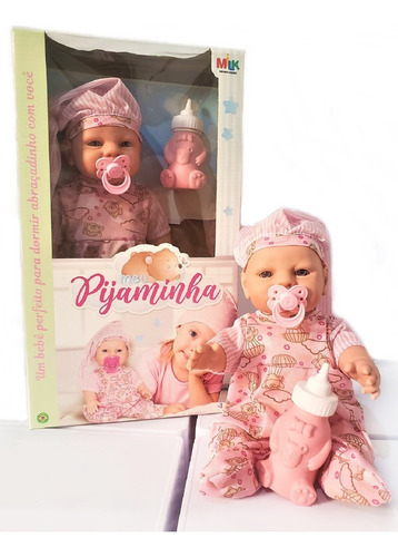 Boneca Bebê Pijaminha Mamadeira Chupeta Infantil Kit 2 Peças