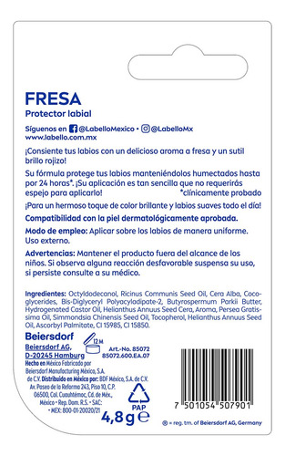 Labello Bálsamo Labial Con Color Fresa 4.8 G