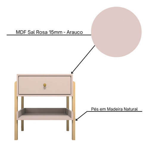 Mesa De Cabeceira Em Mdf Pés em Madeira Natural Com 1 Gaveta E Prateleira Acabamento Fosco Cor Sal Rosa
