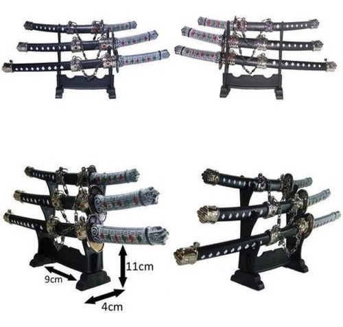 Kit Mini Katana Com 3 Espadas Enfeite C\suporte Samurai