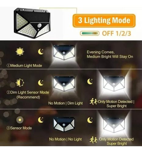 Combo X6 Reflector 100 Led Panel Solar Sensor Movimiento Negro Blanco Cálido