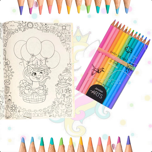 Kit Livro Unicórnio + Lápis Arco Íris + Cx 12 Lápis De Cor Pastel Presente Dia Das Crianças Livro Para Colorir Com + De 40 Desenhos Incríveis Brinquedo Infantil
