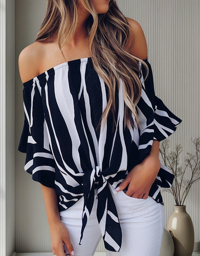 Blusa A Rayas Con Hombros Descubiertos Y Lazo En La Cintura