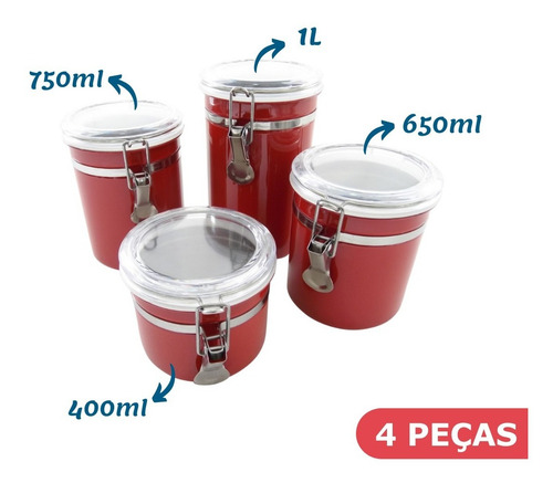 Jogo 4 Porta Mantimentos Vermelho Inox Hermético A7