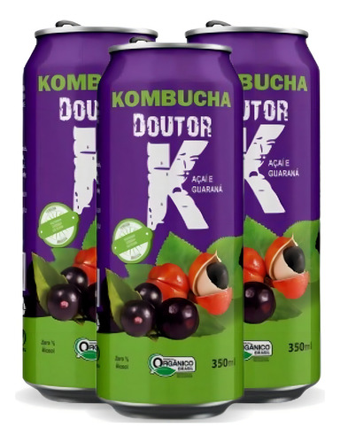 Kit Com 03 -kombucha Orgânica Sabor Açaí E Guaraná 350ml Drk