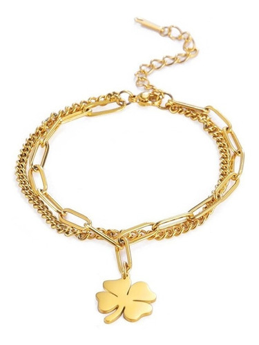 Pulsera Brazalete Color Oro De Acero Con Dije Trébol Mujer