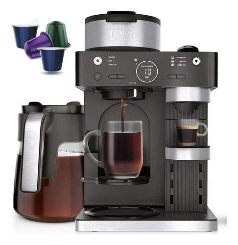 Cafetera Ninja Espresso y Café 2 en 1 Compatible Cápsulas Nespresso Cafetera 12 Tazas Espumador Integrado Cappuccino y Latte Coloe Negro y Plateado CFN601