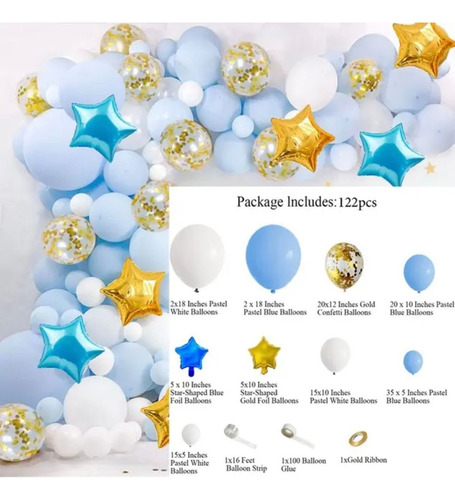 Arco De Globos Celeste Estrellas Dorado Pastel Cumpleaños