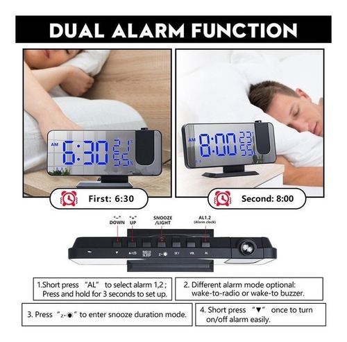 A Led Espejo Despertador Mesa Digital Techo Proyector Alarma