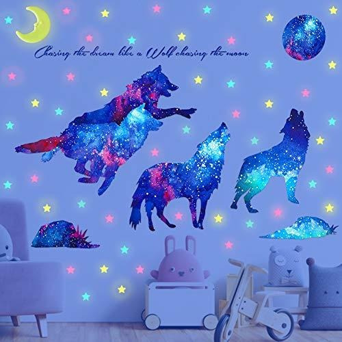 Calcomanía Creativa De Pared Con Diseño De Lobo Y Cielo Estr