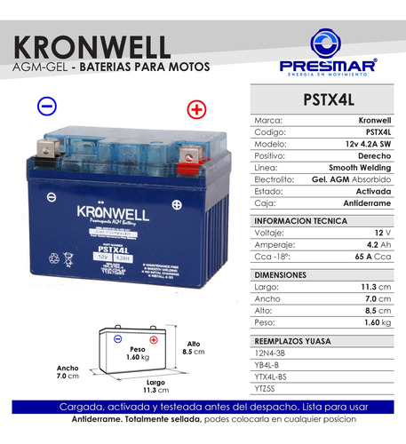 Bateria Moto Kronwell Honda Ez 90 Club 90 Ytx4l-bs / Yb4l-b
